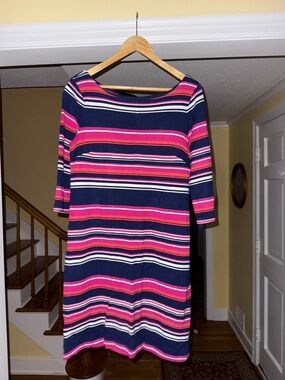 Talbots Navy, Pink and White Striped Long Sleeve Dress